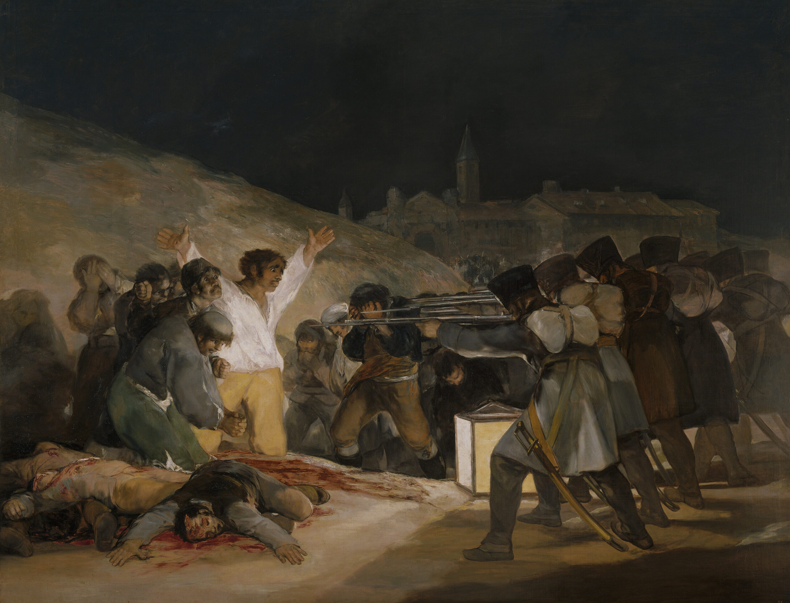Goya, The Third of May 1808: a firing squad aims rifles at a man in white with raised arms
