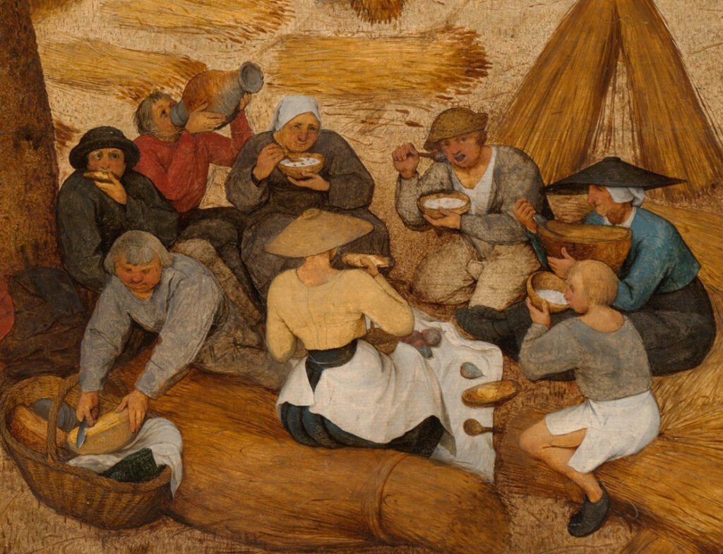 Detail: lunch under the pear tree in Bruegel's The Harvesters (1565)