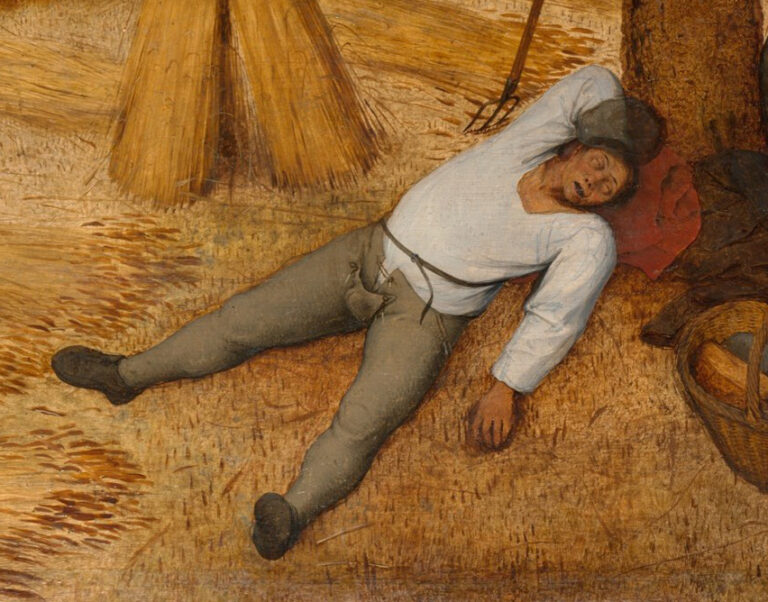 Detail: scythe edge and sheaves in Bruegel's The Harvesters (1565)